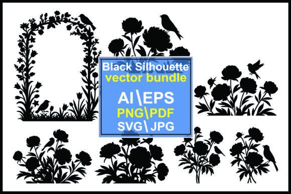 Download Silhouettes of Flowers and Birds Bundle - Bundle Collection