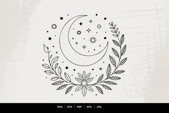 Download Celestial Moon Floral Line Art SVG - Floral Collection