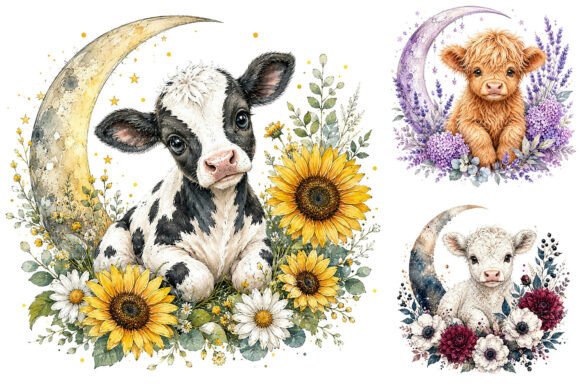 Download Cute Baby Cow Floral Crescent Moon PNG - Floral Collection