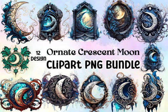 Download Ornate Crescent Moon Clipart PNG Bundle - Bundle Collection