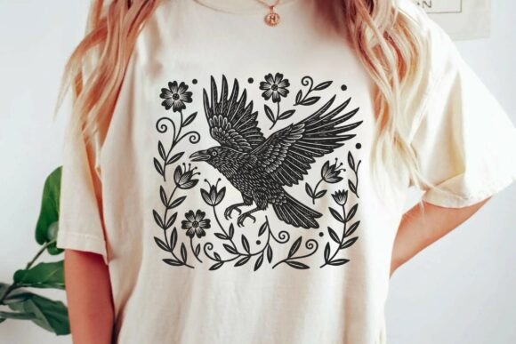 Download Vintage Folk Art Raven Floral Linocut Nature Illustration Png - Floral Collection