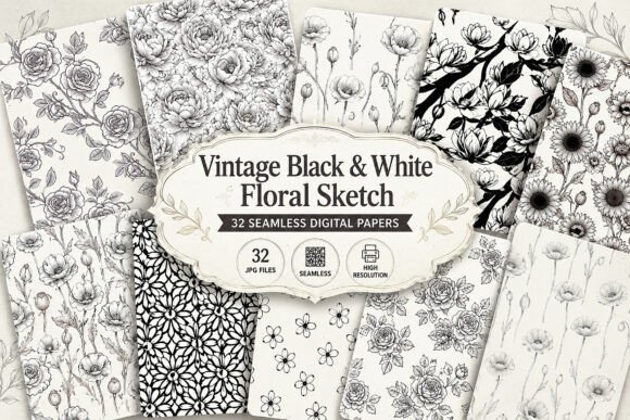 Download Vintage Black &amp; White Floral Sketch - Floral Collection