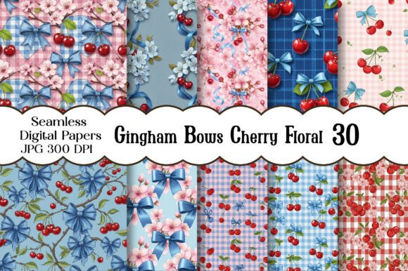 Download Gingham Bows Cherry Floral Paper Pattern - Floral Collection