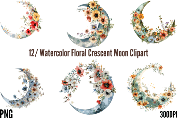 Download Watercolor Floral Crescent Moon Clipart - Floral Collection